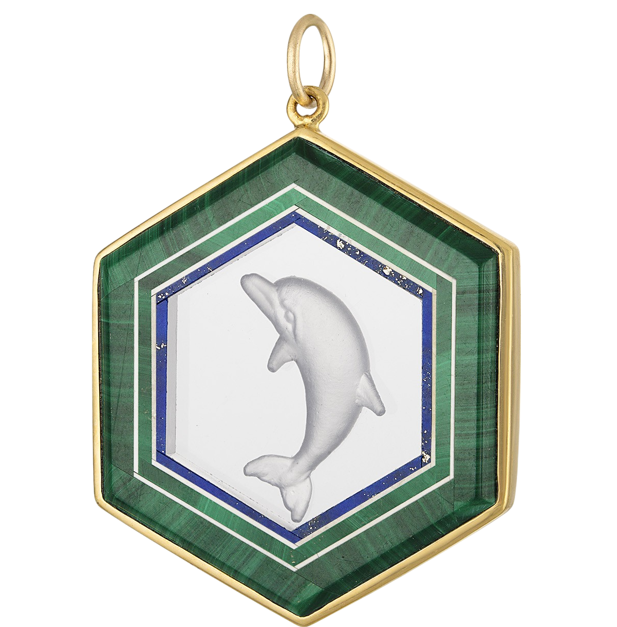 Vintage Malachite Etched Dolphin 18K Gold Charm